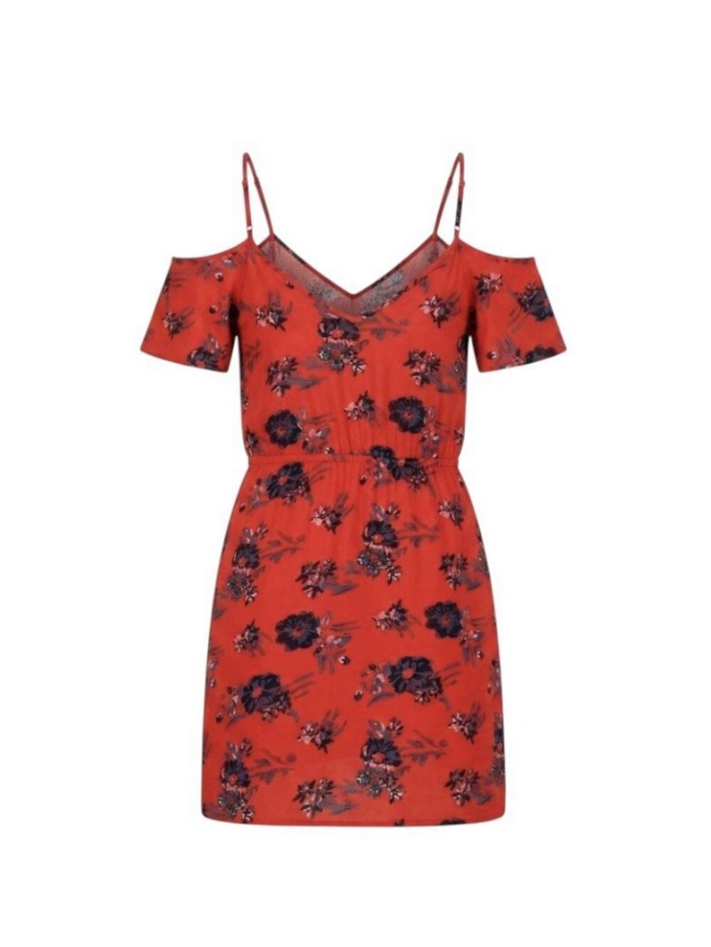 Splendid Floral Cold Shoulder Mini Orange Red Dress  V-Neck Smocked Waist Small